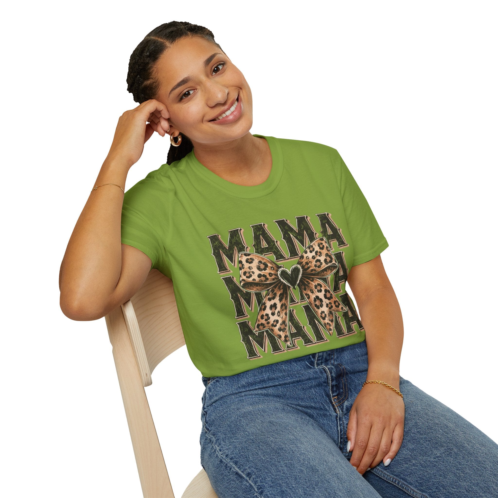 Mama Leopard Bow T‑Shirt — Mama Graphic Tee with Leopard Print Bow