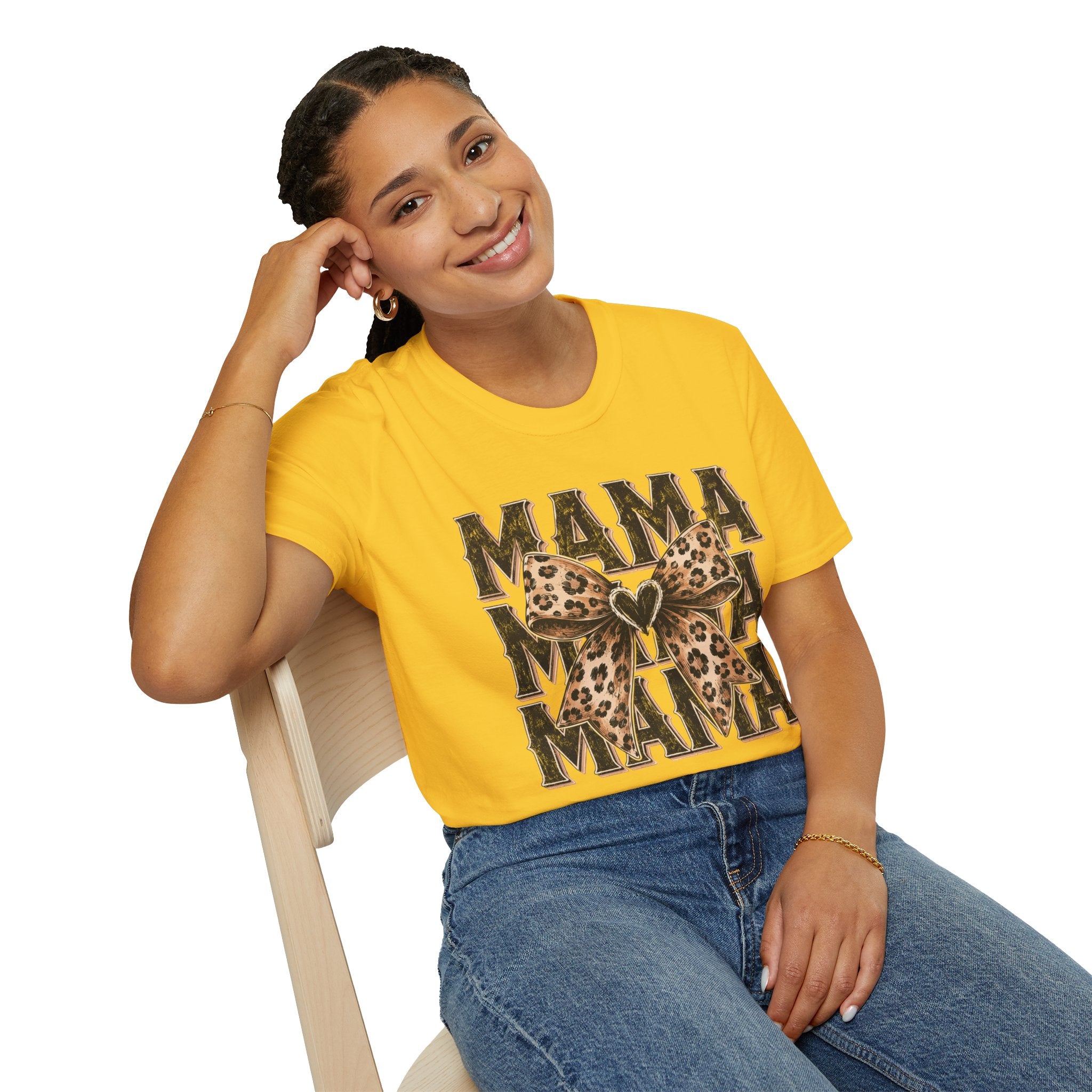 Mama Leopard Bow T‑Shirt — Mama Graphic Tee with Leopard Print Bow
