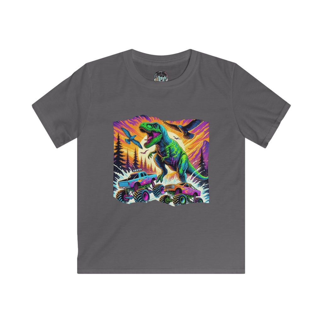 Kids T‑Shirt — Neon T‑Rex & Monster Truck Graphic