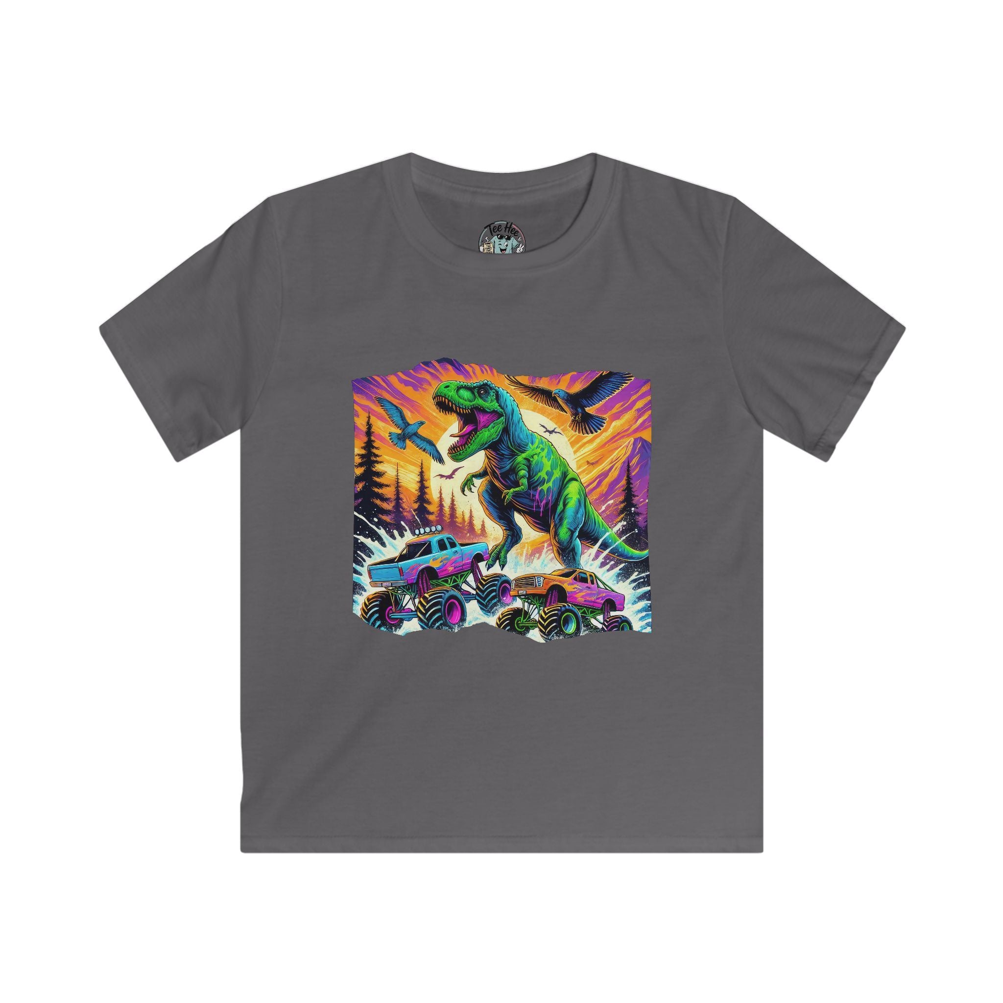 Kids T‑Shirt — Neon T‑Rex & Monster Truck Graphic