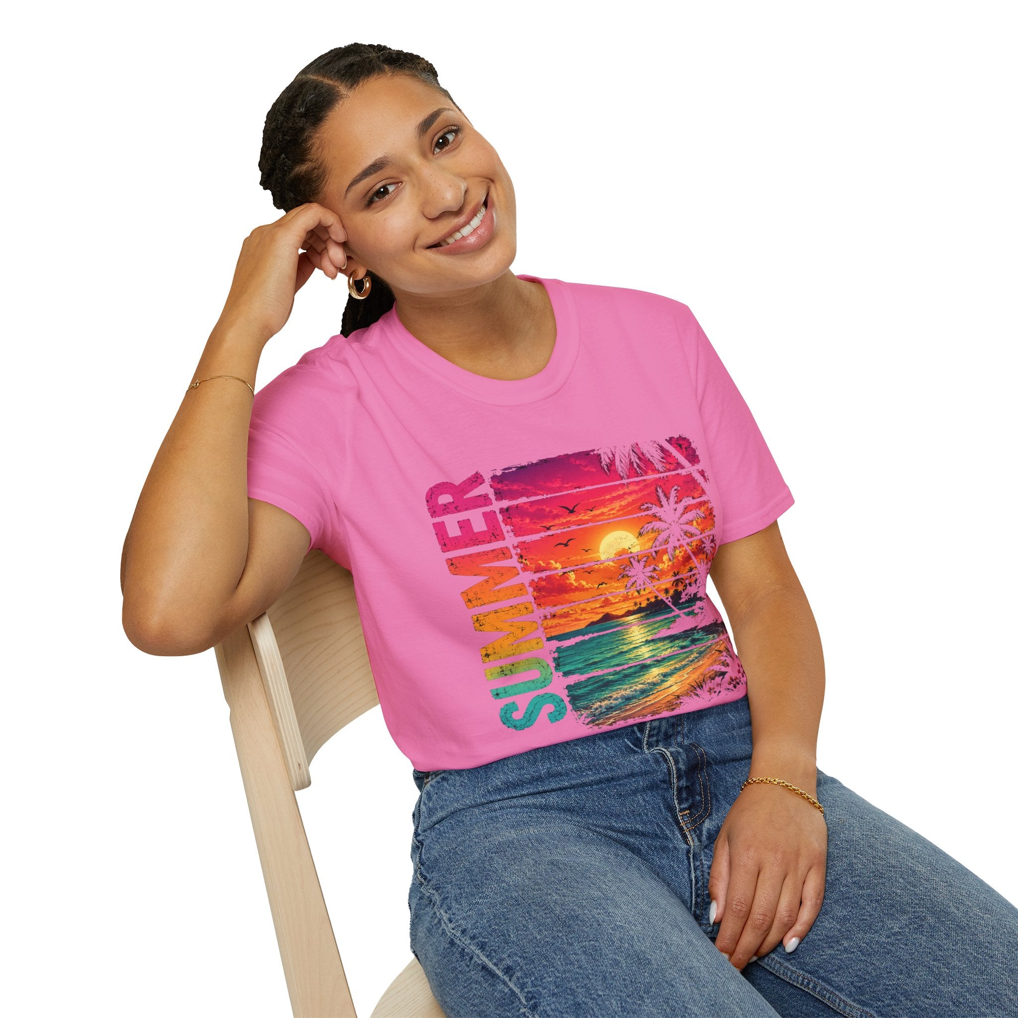 Sunset Palm Beach T-Shirt — Hot Pink & Teal Ocean Vibes