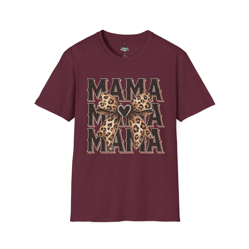 Mama Leopard Bow T‑Shirt — Mama Graphic Tee with Leopard Print Bow