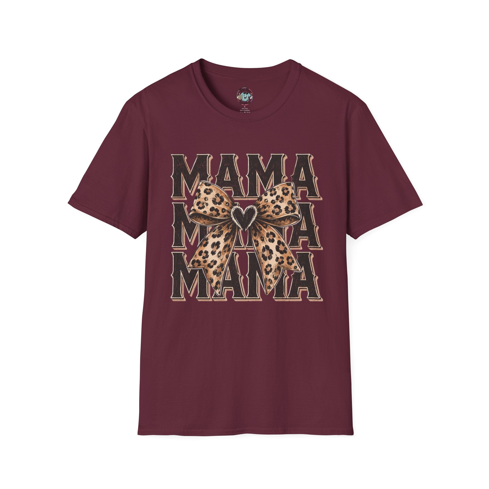 Mama Leopard Bow T‑Shirt — Mama Graphic Tee with Leopard Print Bow