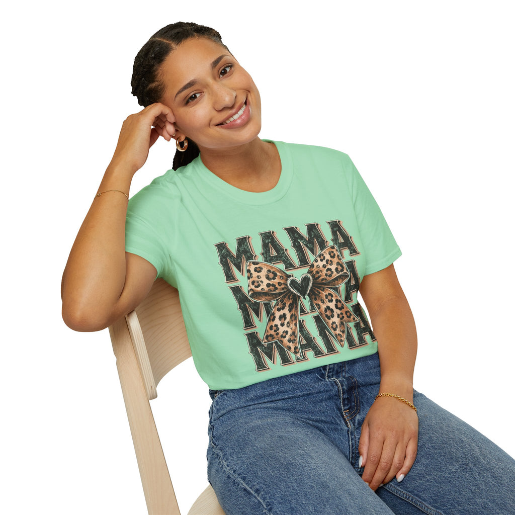 Mama Leopard Bow T‑Shirt — Mama Graphic Tee with Leopard Print Bow
