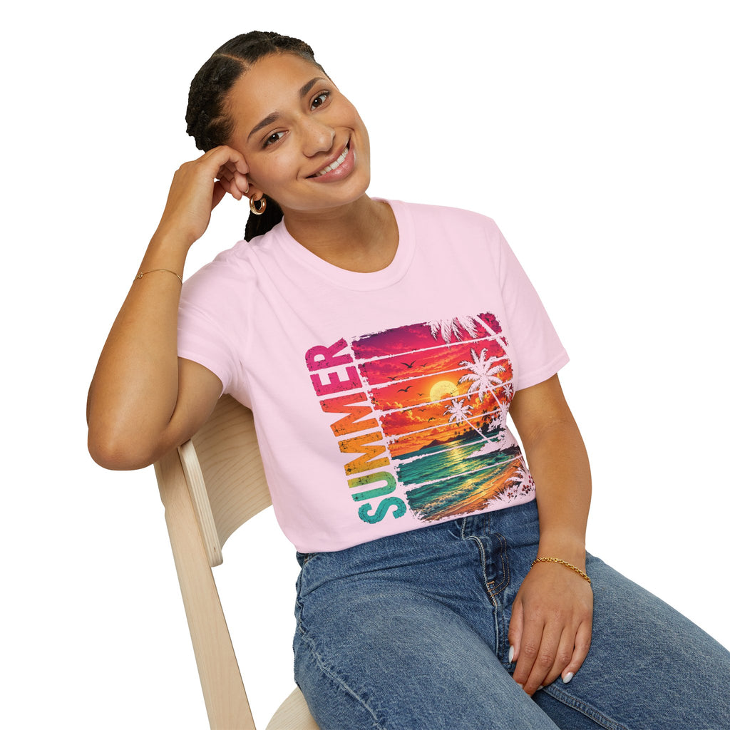 Sunset Palm Beach T-Shirt — Hot Pink & Teal Ocean Vibes