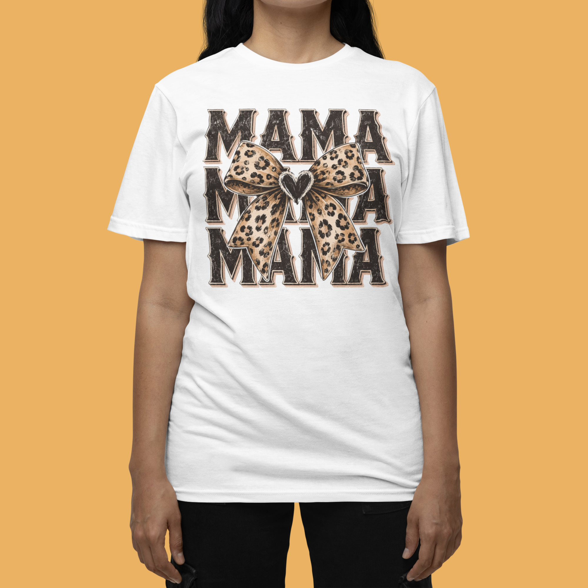 Mama Leopard Bow T‑Shirt — Mama Graphic Tee with Leopard Print Bow