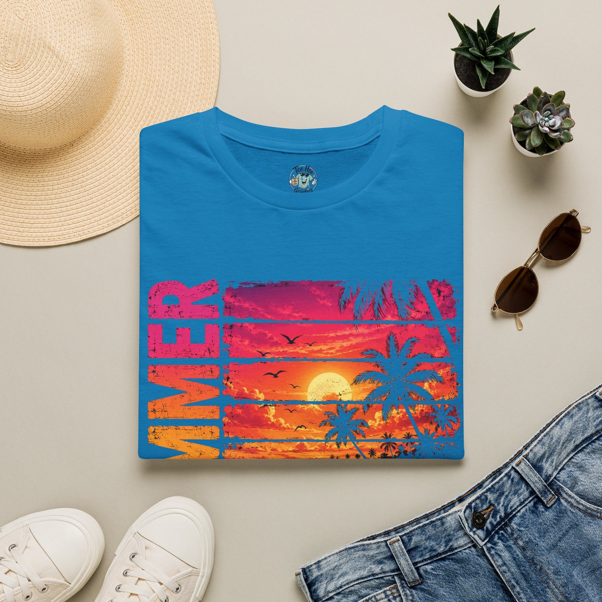 Sunset Palm Beach T-Shirt — Hot Pink & Teal Ocean Vibes