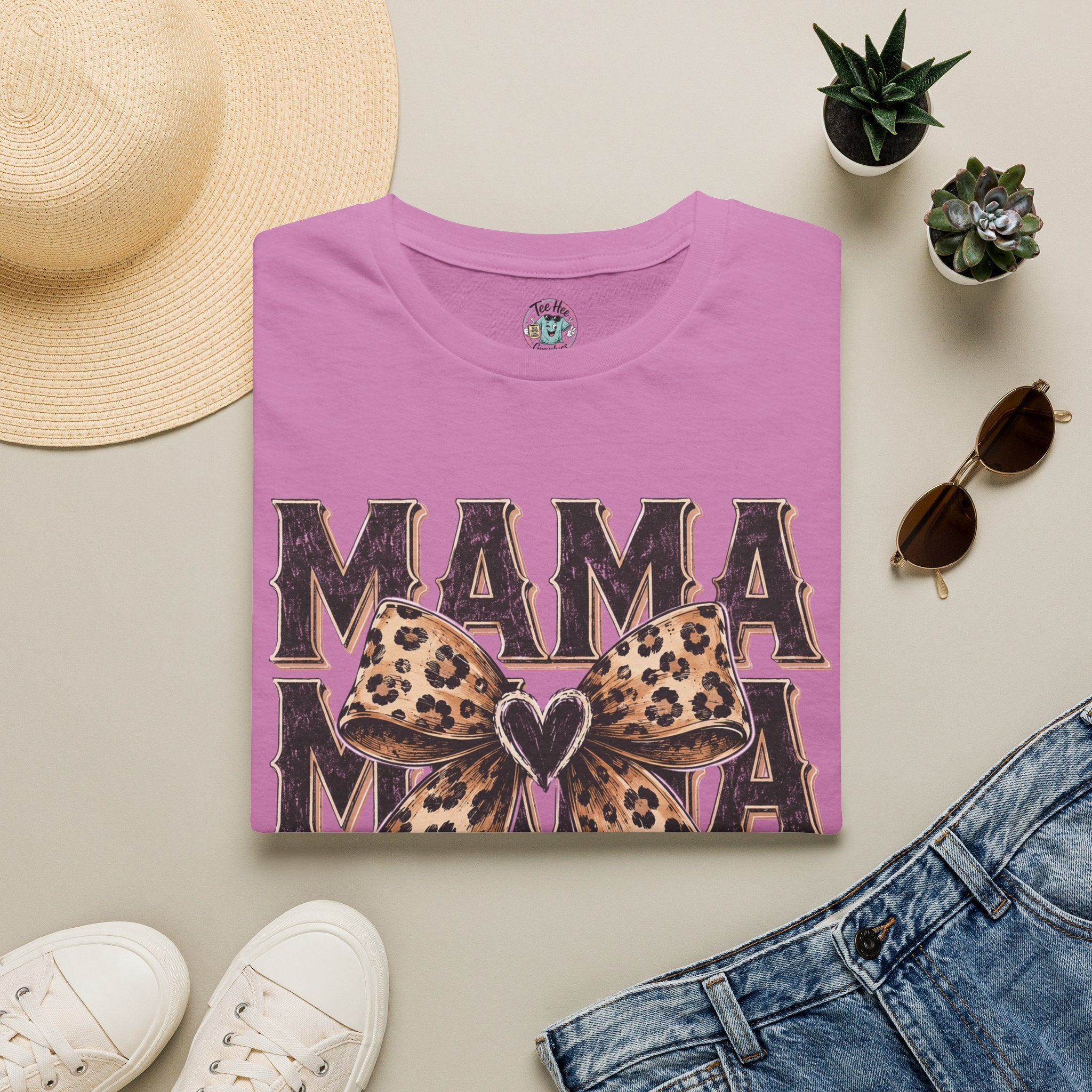 Mama Leopard Bow T‑Shirt — Mama Graphic Tee with Leopard Print Bow