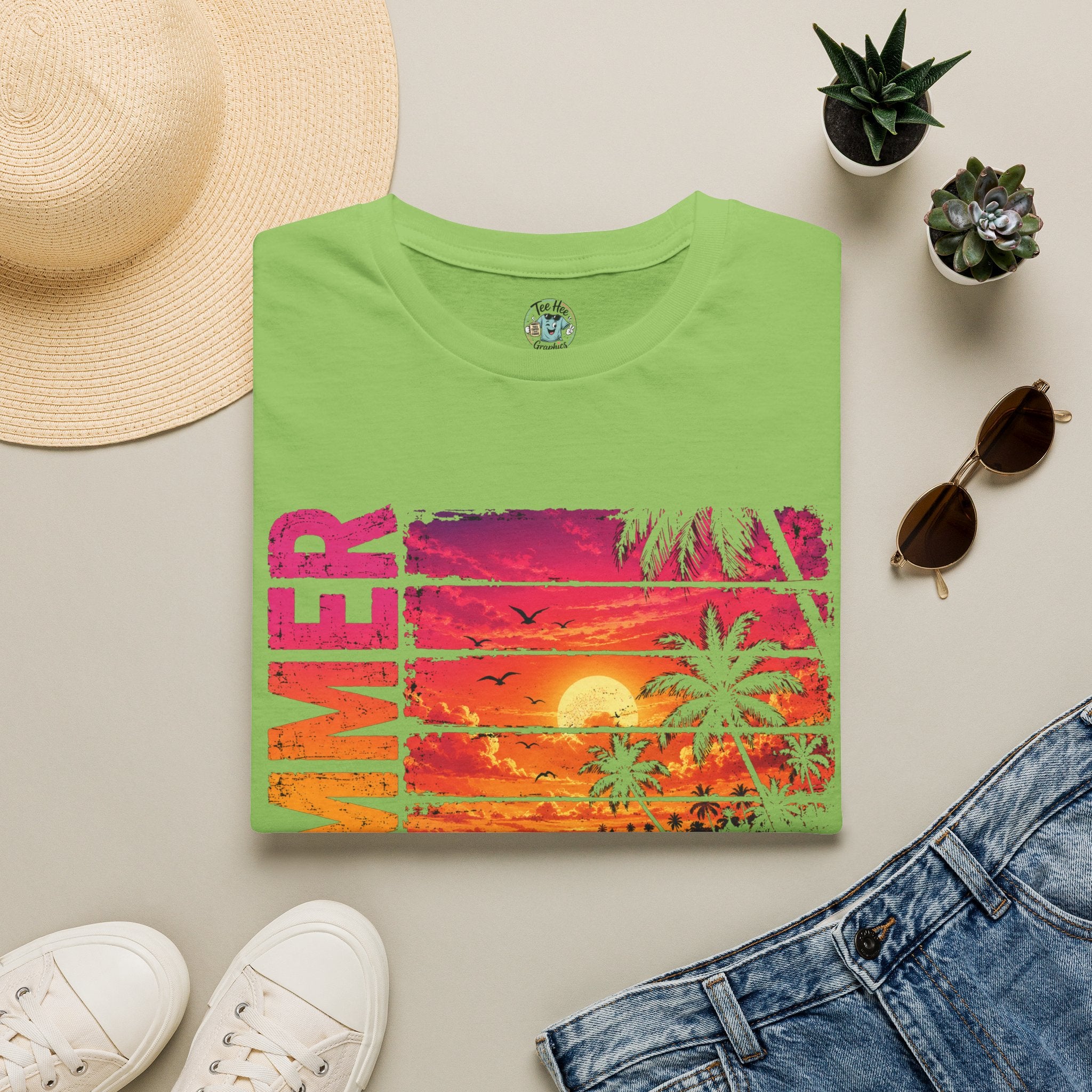 Sunset Palm Beach T-Shirt — Hot Pink & Teal Ocean Vibes