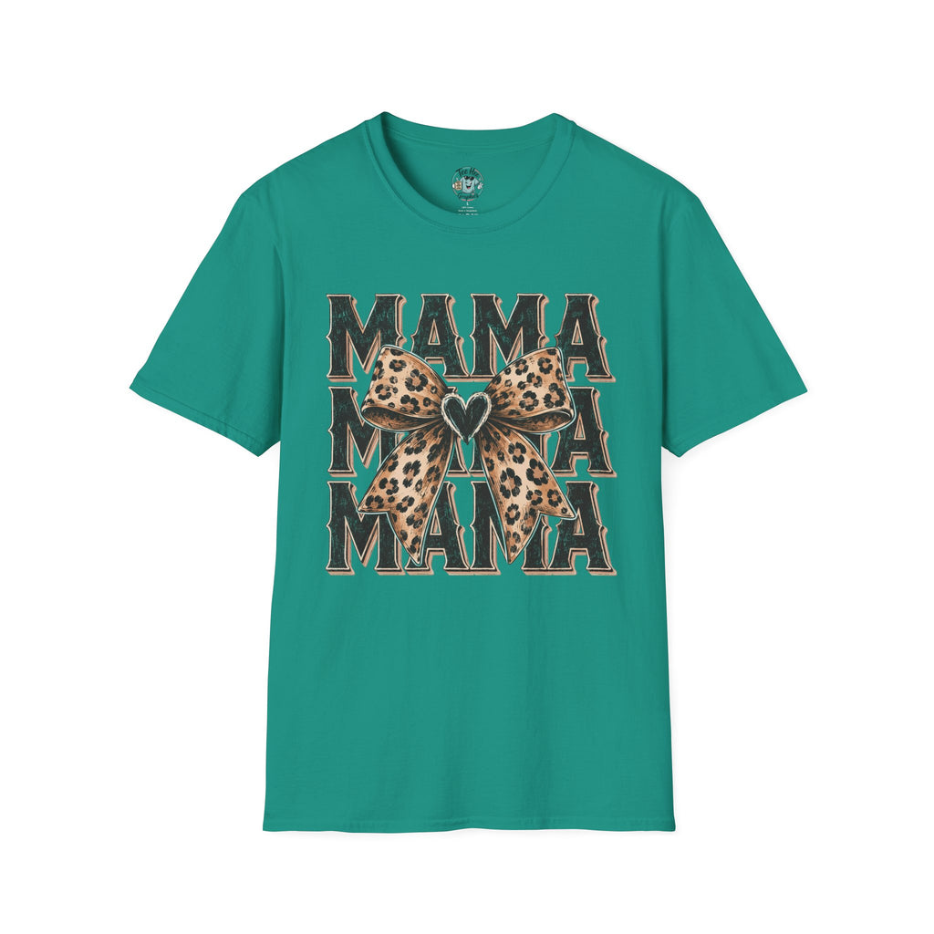 Mama Leopard Bow T‑Shirt — Mama Graphic Tee with Leopard Print Bow