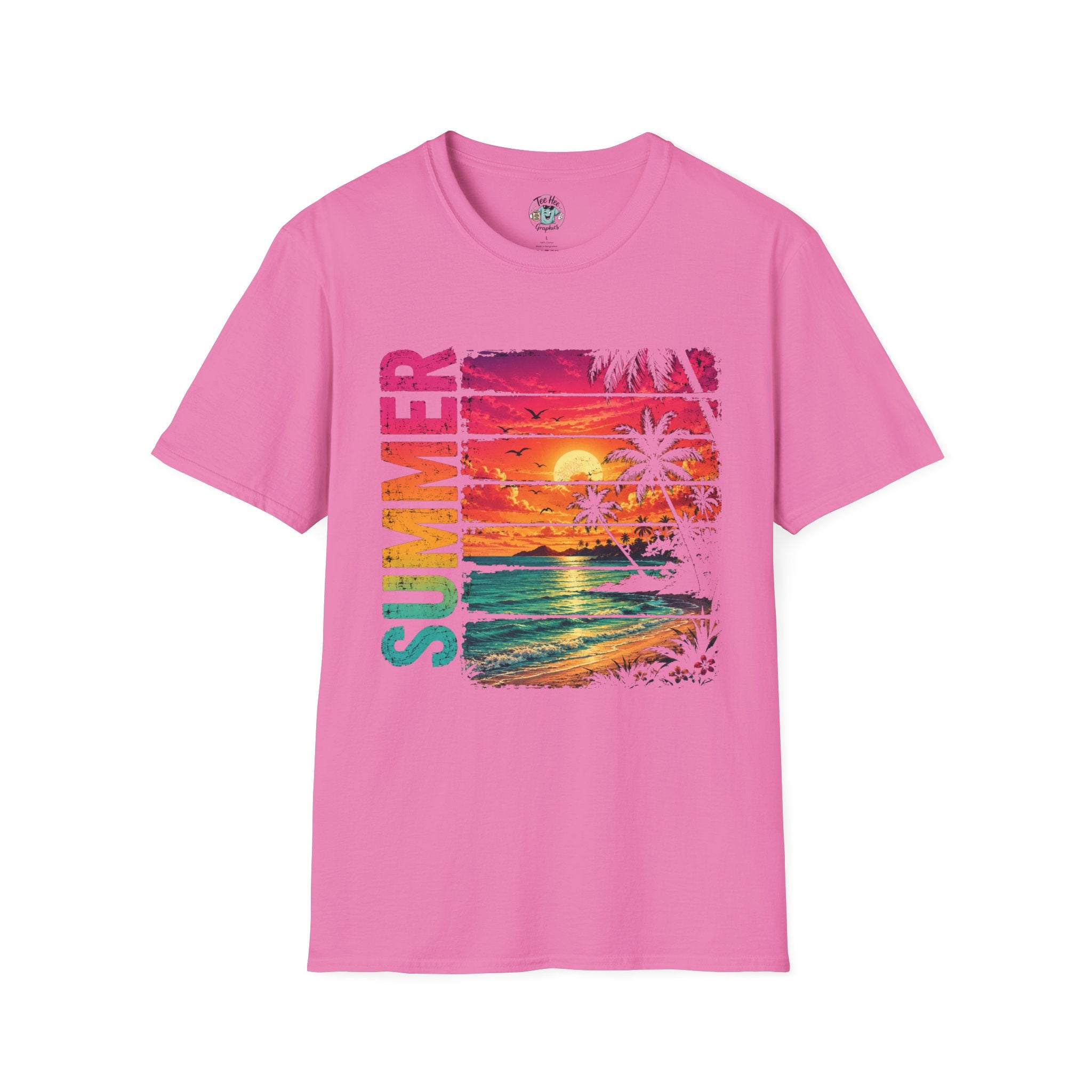 Sunset Palm Beach T-Shirt — Hot Pink & Teal Ocean Vibes
