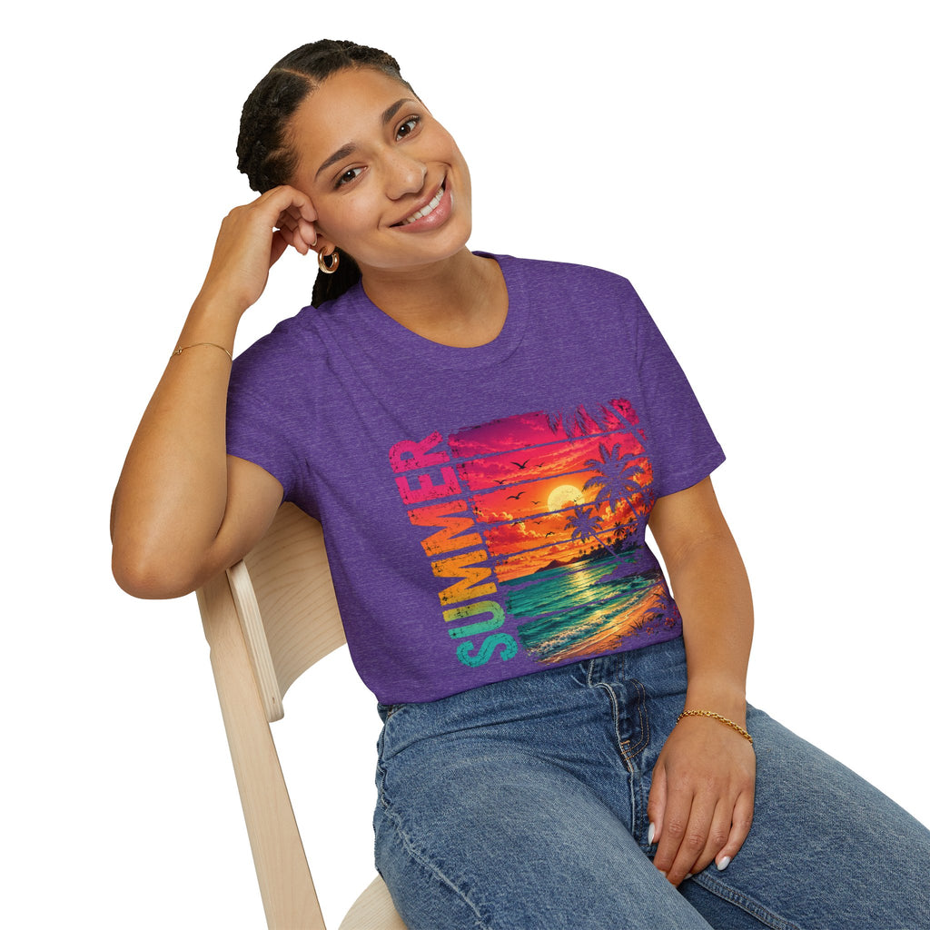 Sunset Palm Beach T-Shirt — Hot Pink & Teal Ocean Vibes