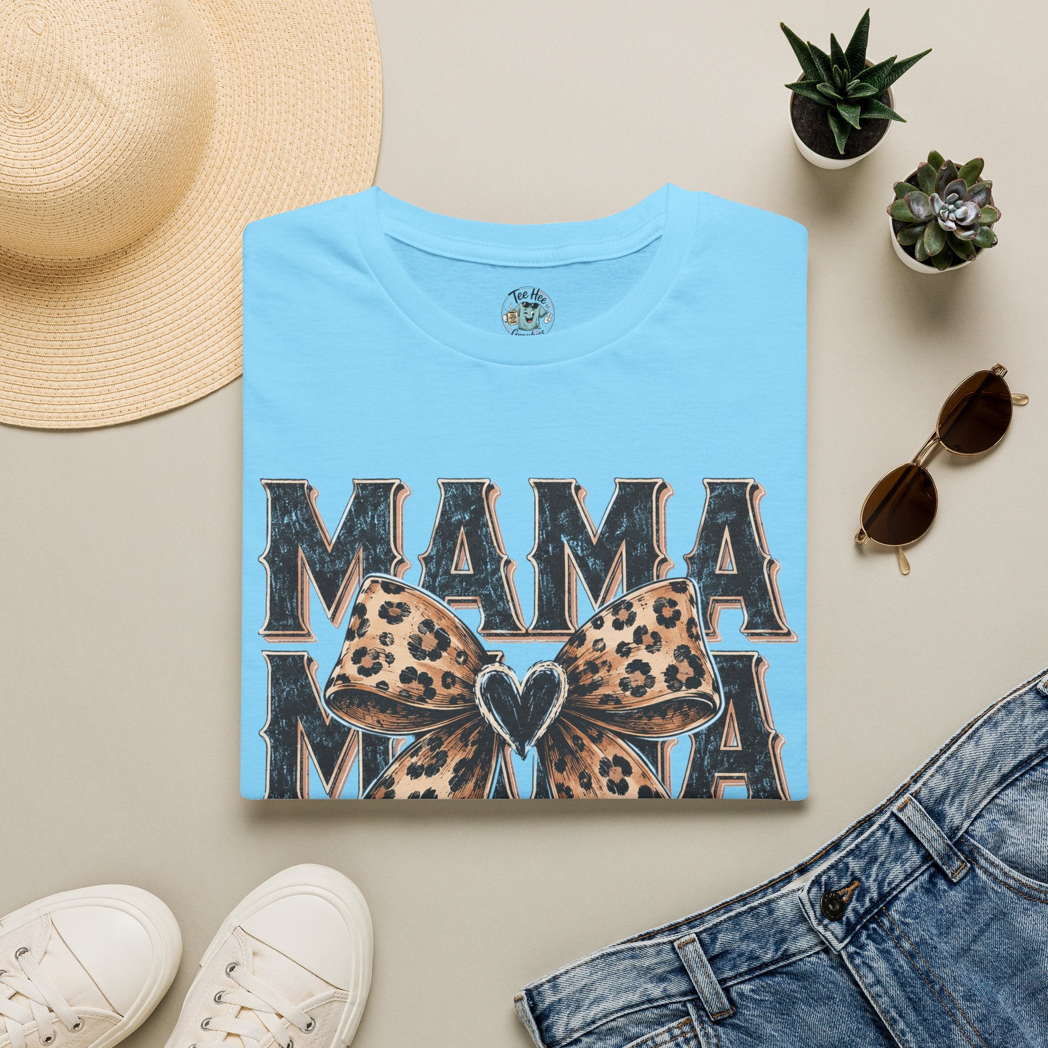 Mama Leopard Bow T‑Shirt — Mama Graphic Tee with Leopard Print Bow