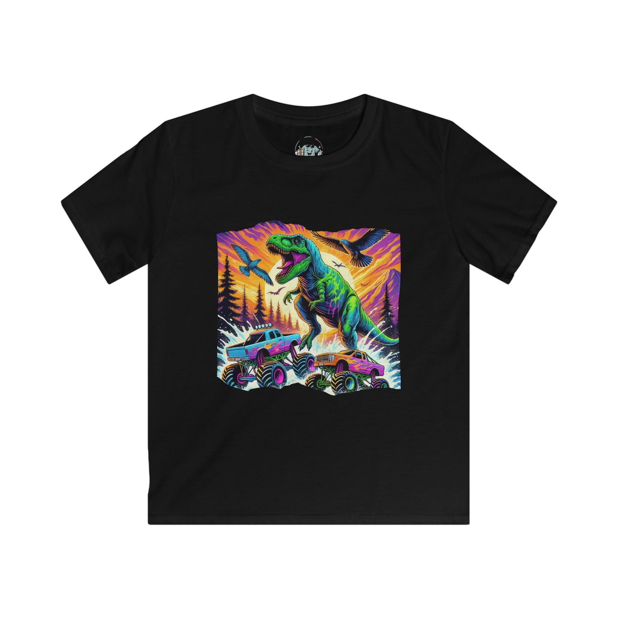 Kids T‑Shirt — Neon T‑Rex & Monster Truck Graphic