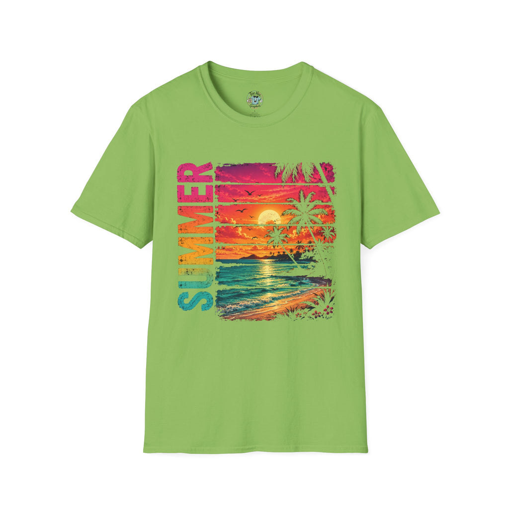 Sunset Palm Beach T-Shirt — Hot Pink & Teal Ocean Vibes