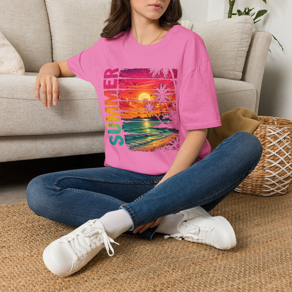 Sunset Palm Beach T-Shirt — Hot Pink & Teal Ocean Vibes
