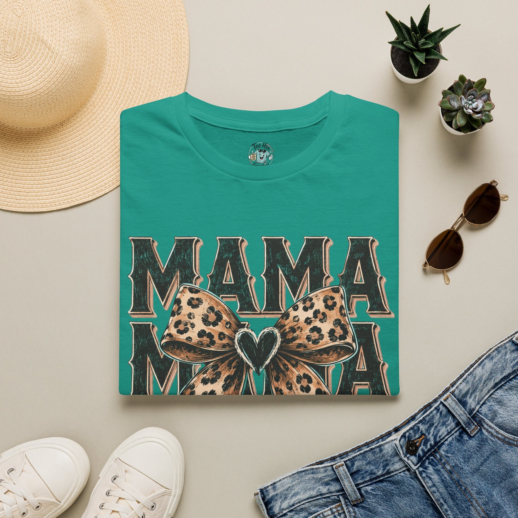 Mama Leopard Bow T‑Shirt — Mama Graphic Tee with Leopard Print Bow