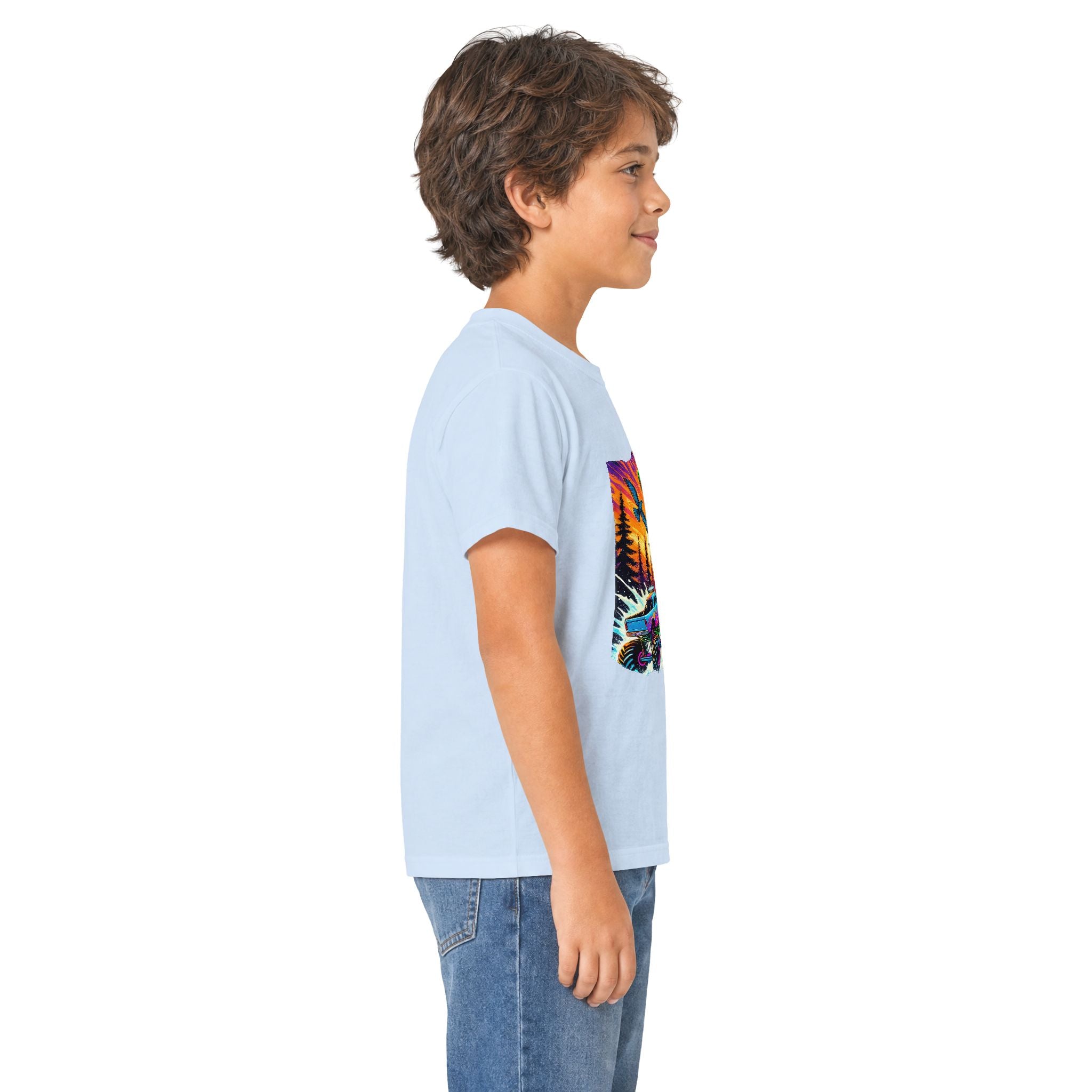Kids T‑Shirt — Neon T‑Rex & Monster Truck Graphic