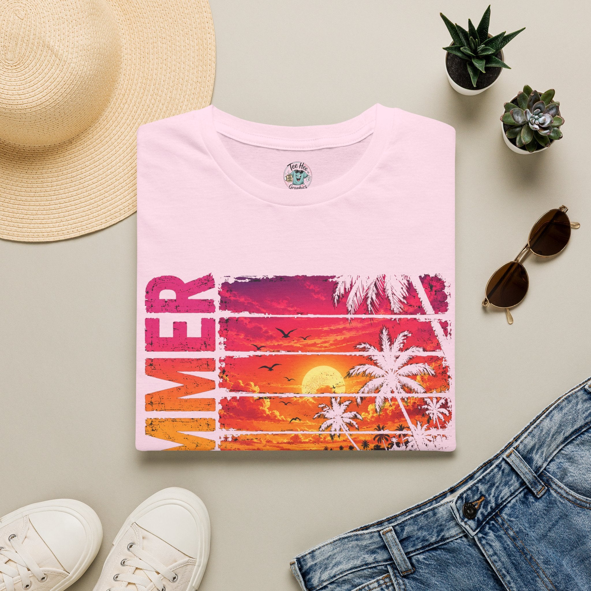 Sunset Palm Beach T-Shirt — Hot Pink & Teal Ocean Vibes
