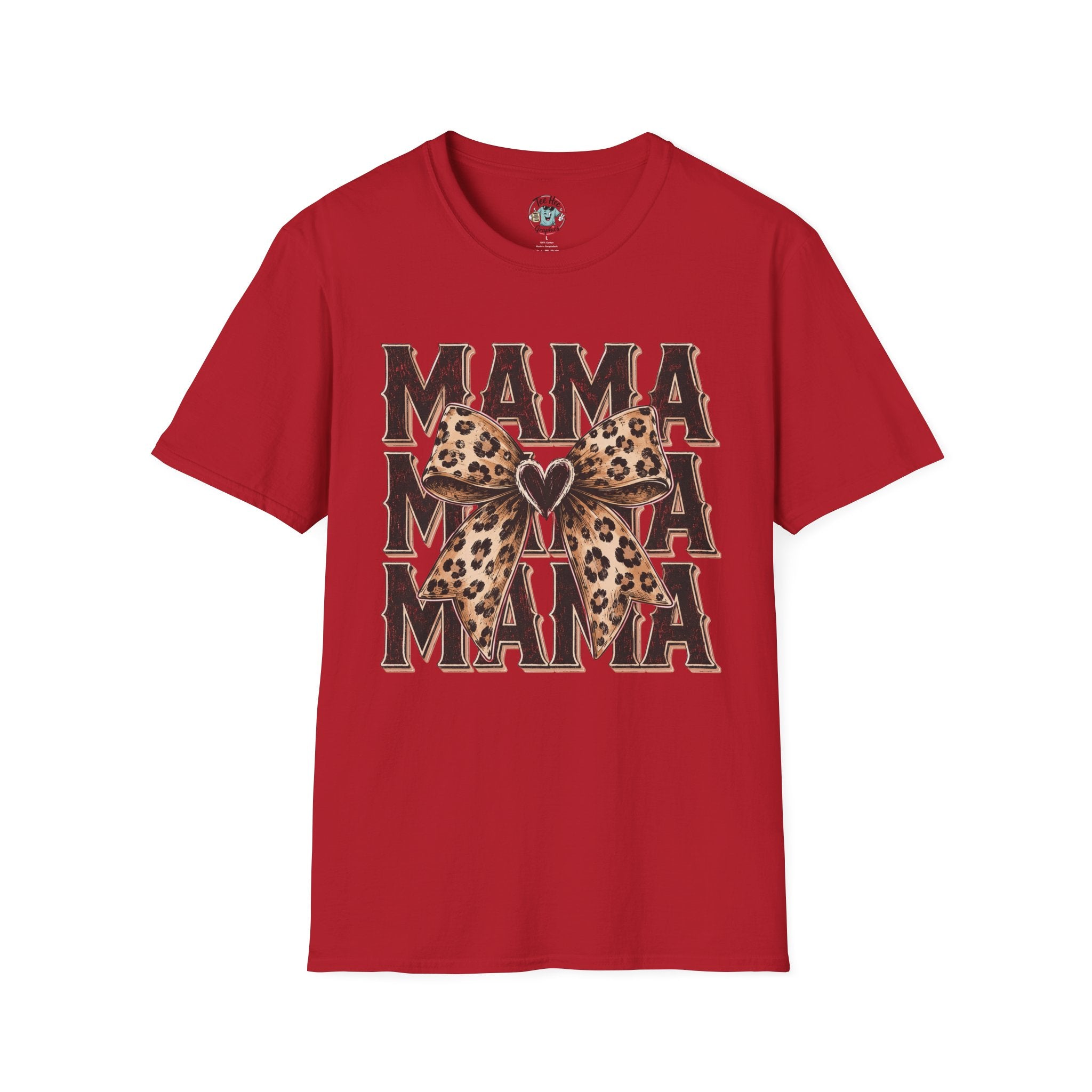 Mama Leopard Bow T‑Shirt — Mama Graphic Tee with Leopard Print Bow