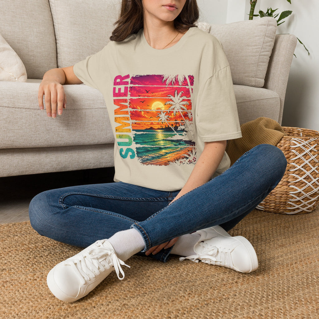 Sunset Palm Beach T-Shirt — Hot Pink & Teal Ocean Vibes