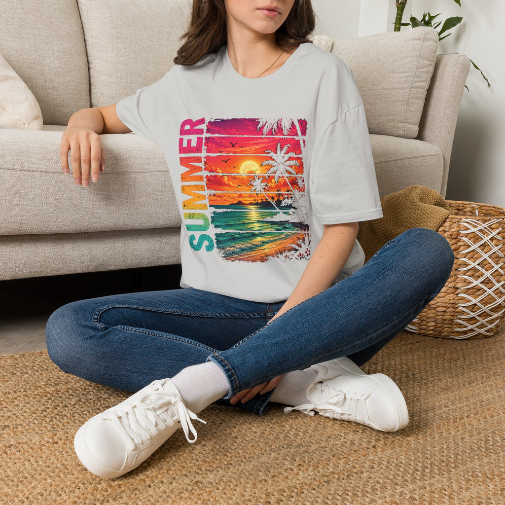 Sunset Palm Beach T-Shirt — Hot Pink & Teal Ocean Vibes
