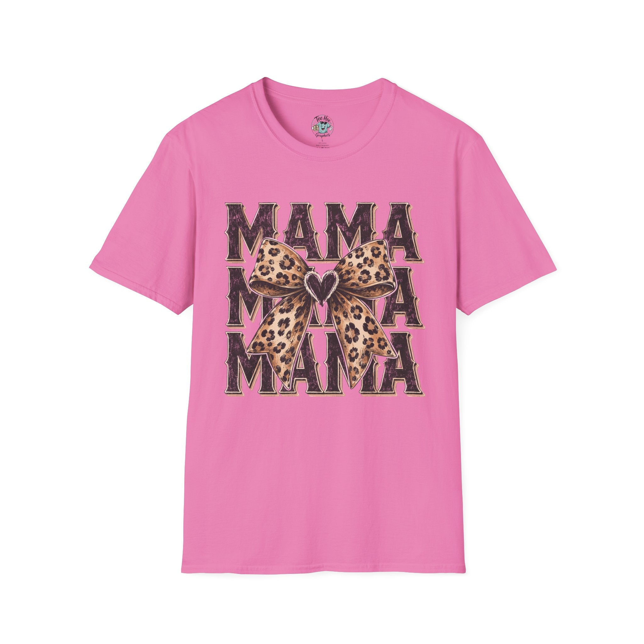 Mama Leopard Bow T‑Shirt — Mama Graphic Tee with Leopard Print Bow