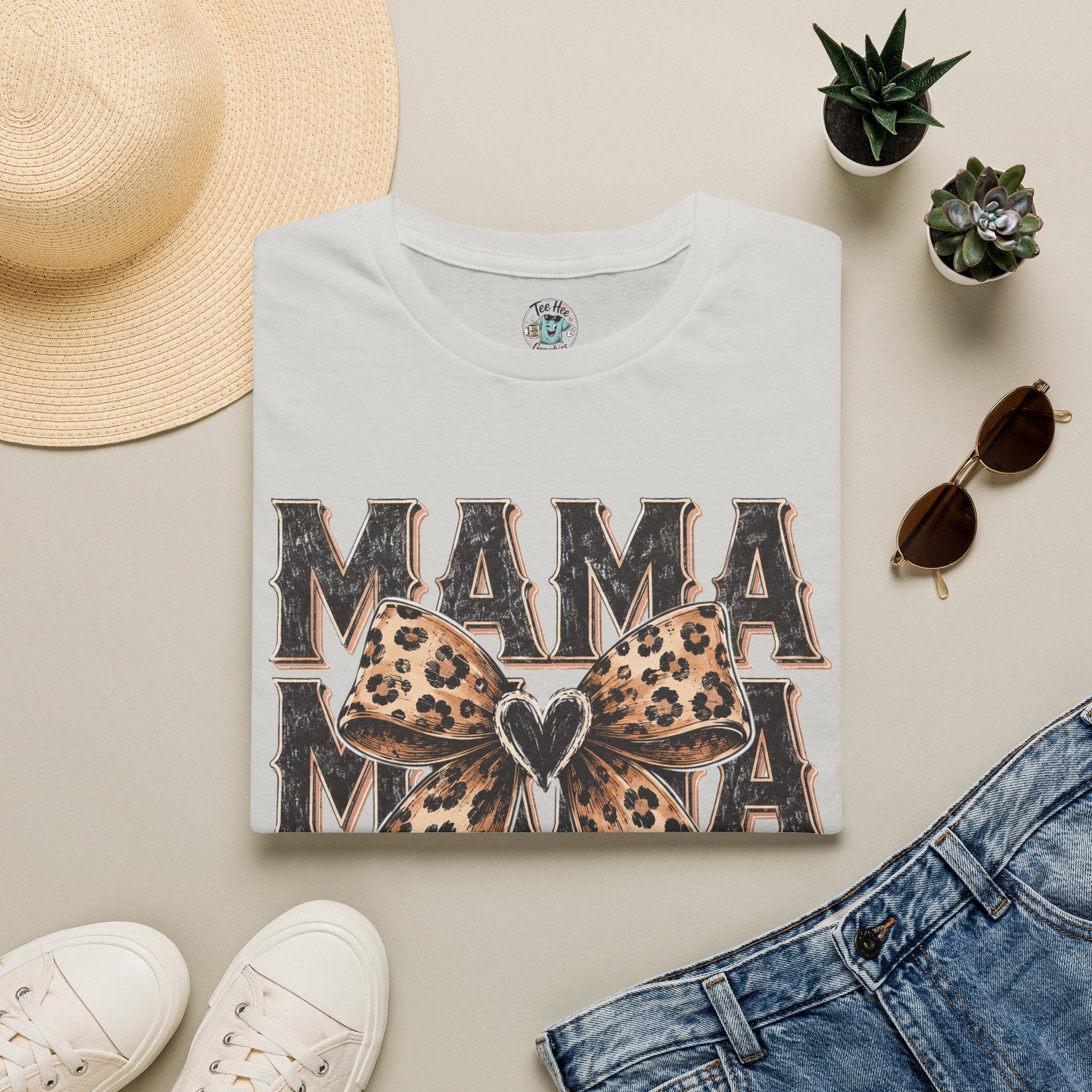 Mama Leopard Bow T‑Shirt — Mama Graphic Tee with Leopard Print Bow