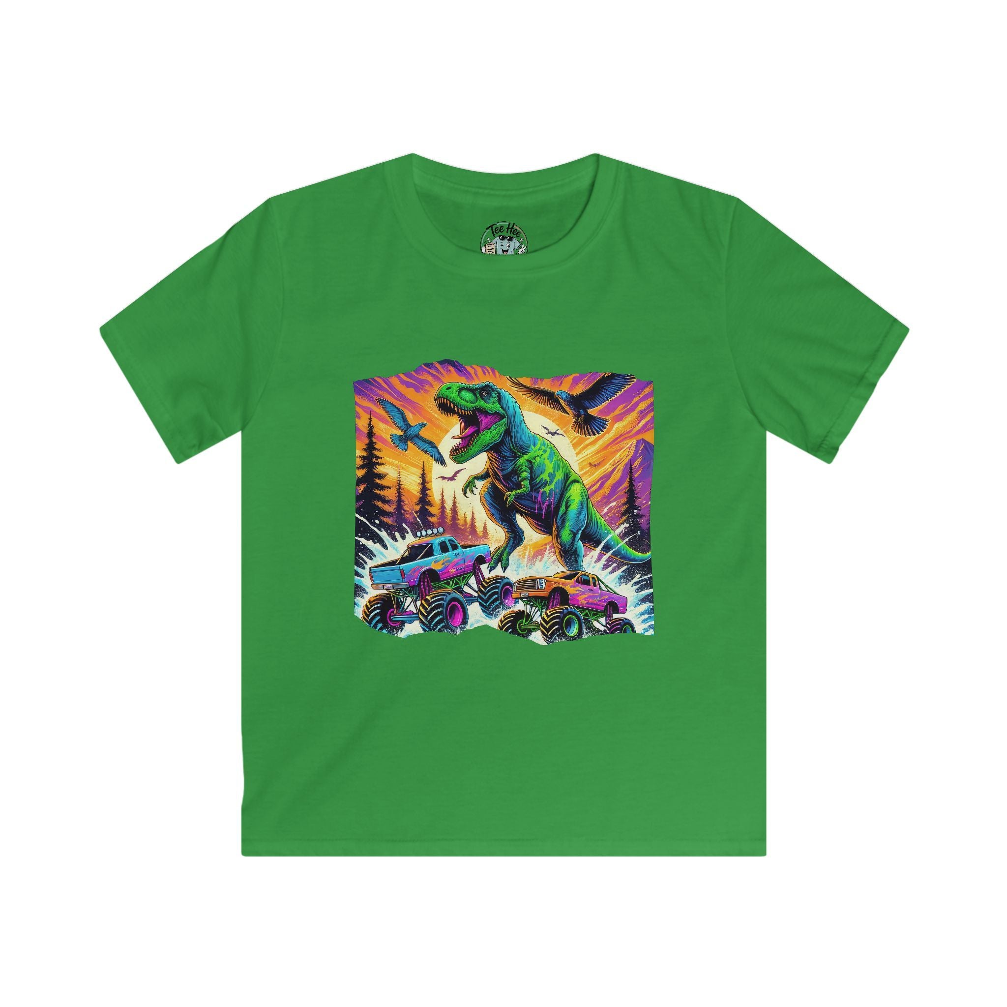 Kids T‑Shirt — Neon T‑Rex & Monster Truck Graphic