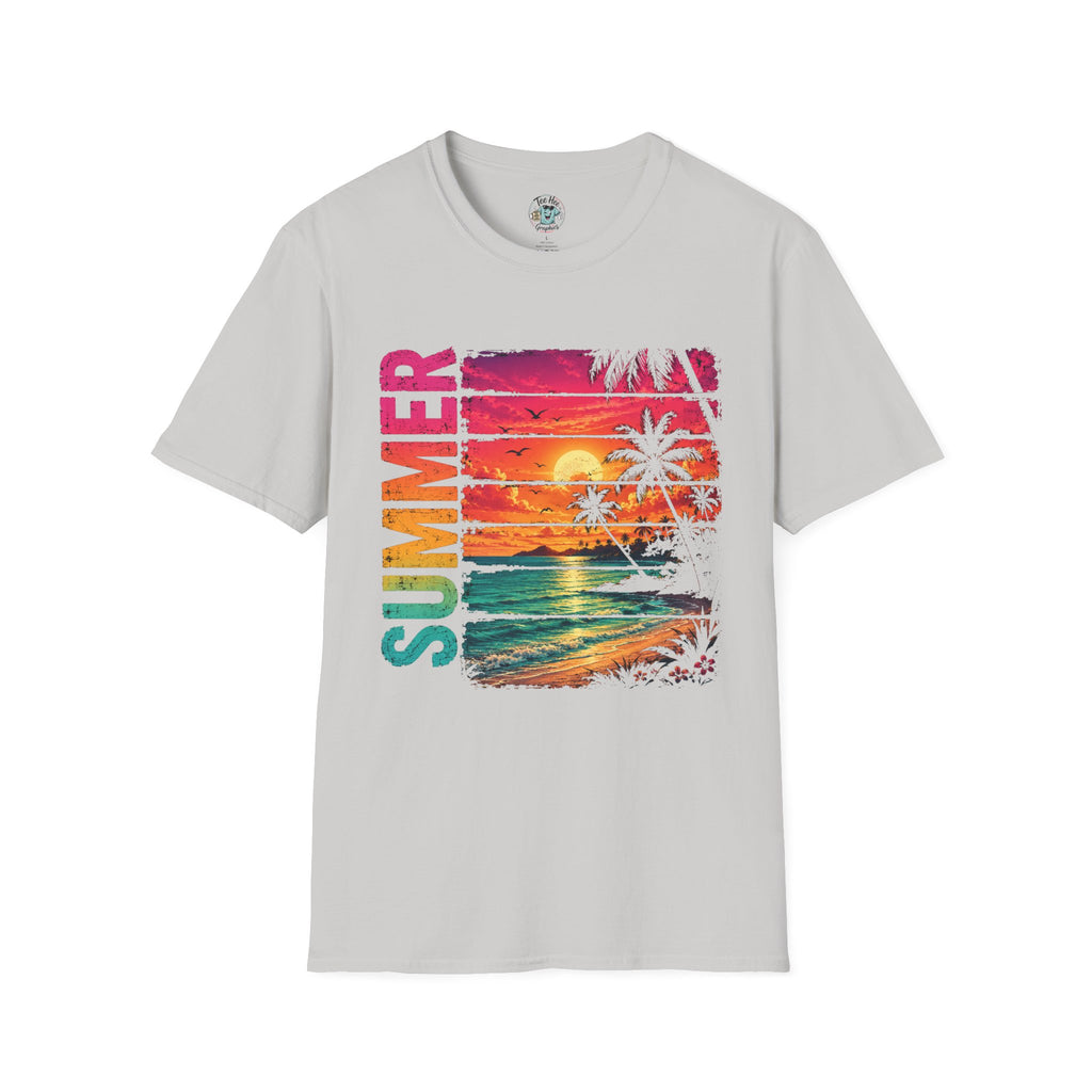 Sunset Palm Beach T-Shirt — Hot Pink & Teal Ocean Vibes