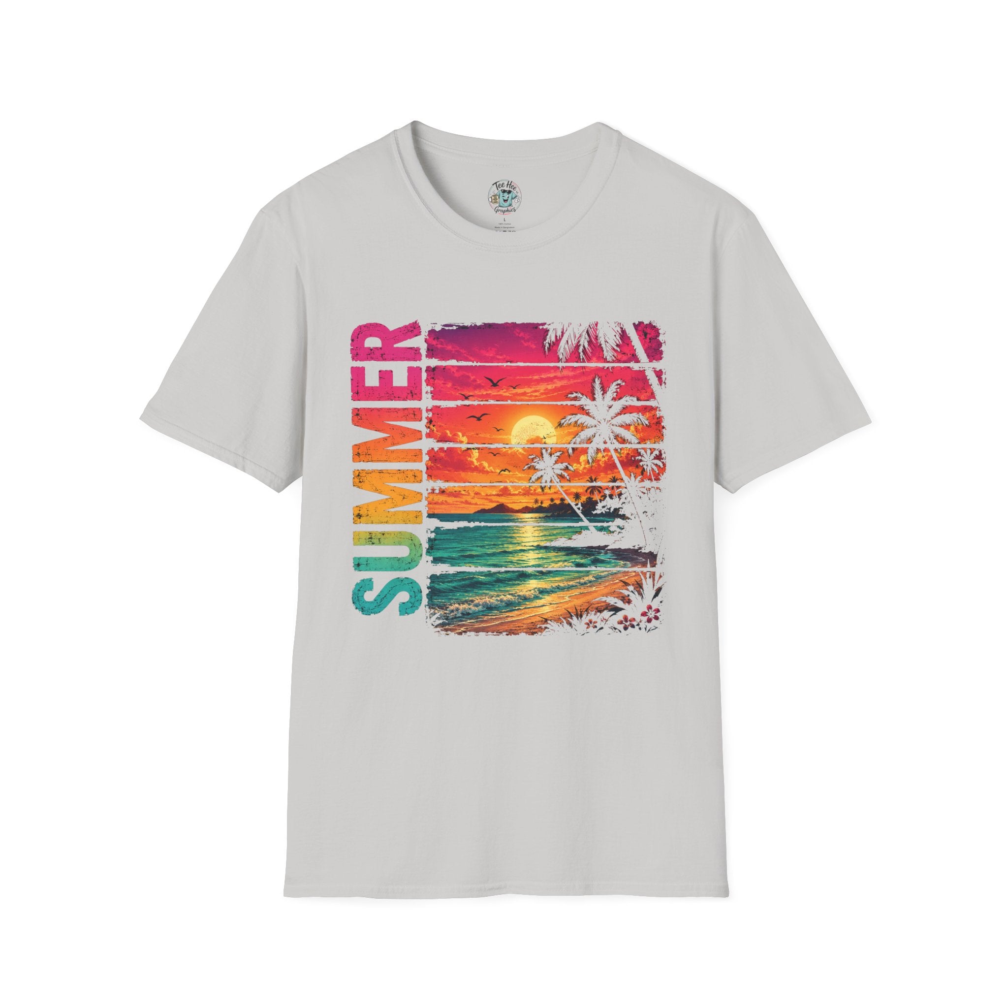 Sunset Palm Beach T-Shirt — Hot Pink & Teal Ocean Vibes