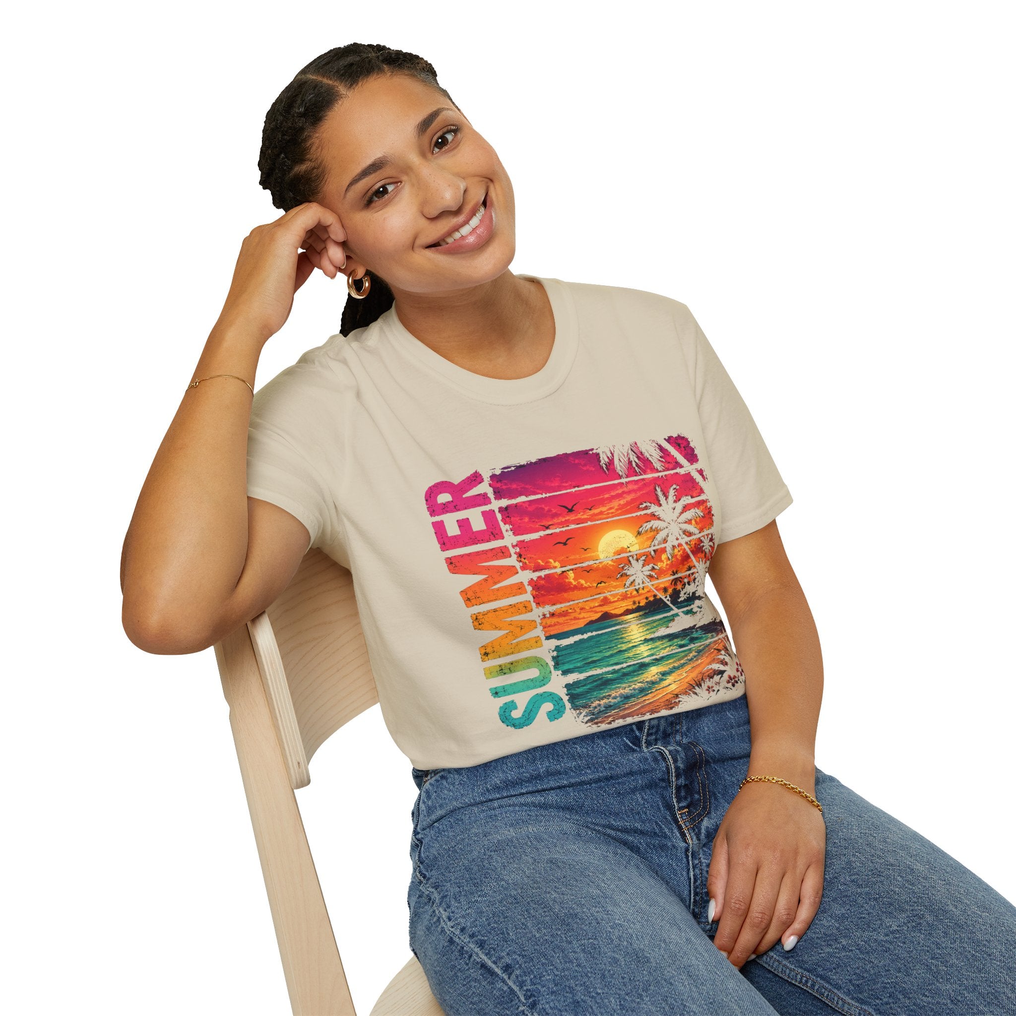Sunset Palm Beach T-Shirt — Hot Pink & Teal Ocean Vibes