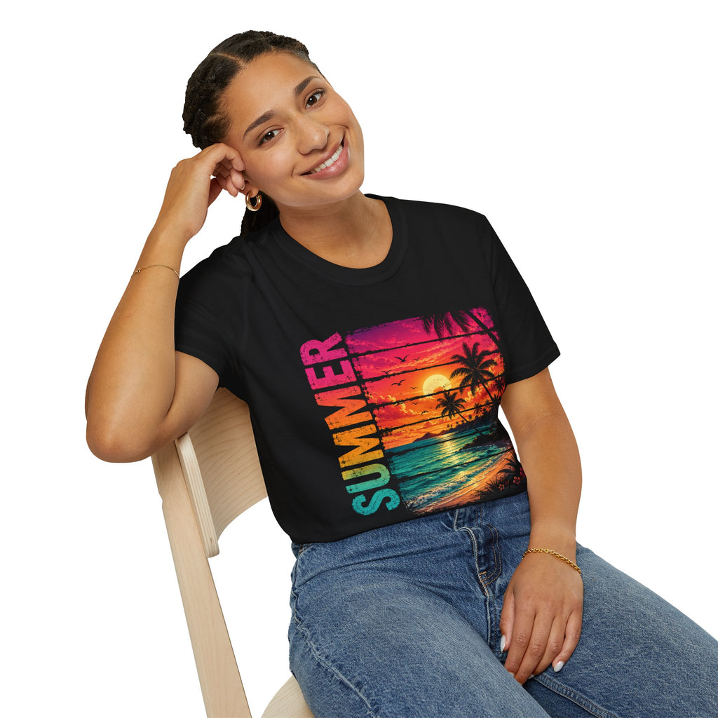 Sunset Palm Beach T-Shirt — Hot Pink & Teal Ocean Vibes