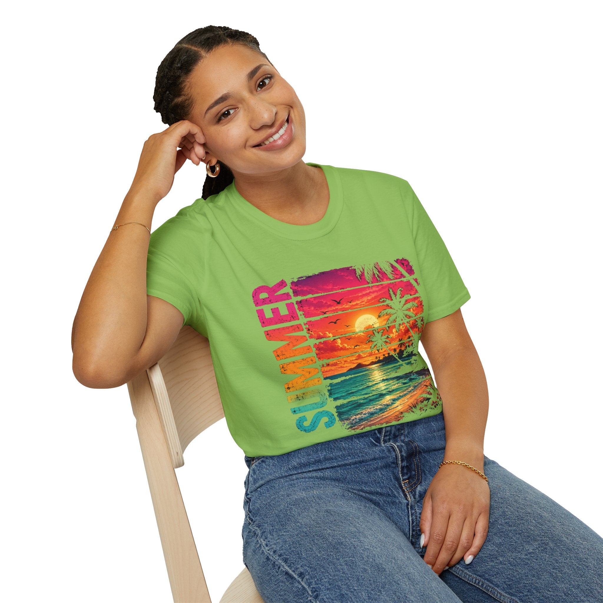 Sunset Palm Beach T-Shirt — Hot Pink & Teal Ocean Vibes