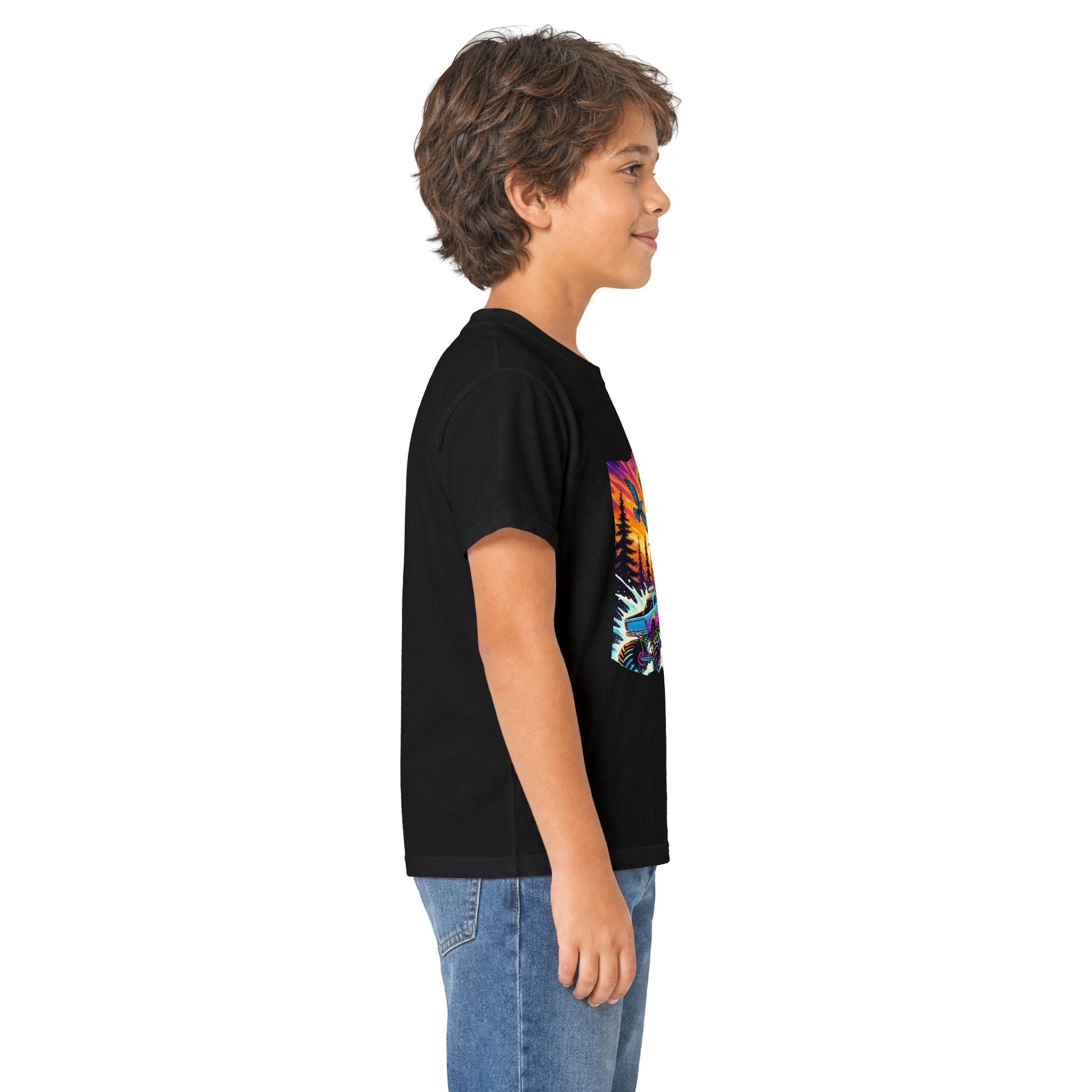 Kids T‑Shirt — Neon T‑Rex & Monster Truck Graphic