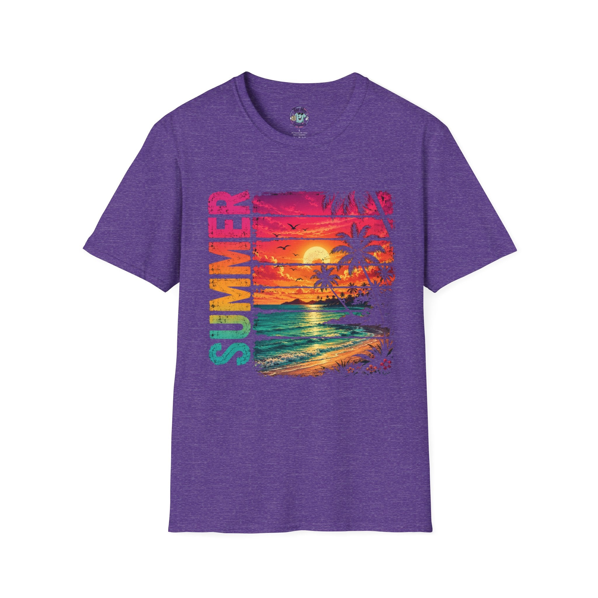 Sunset Palm Beach T-Shirt — Hot Pink & Teal Ocean Vibes