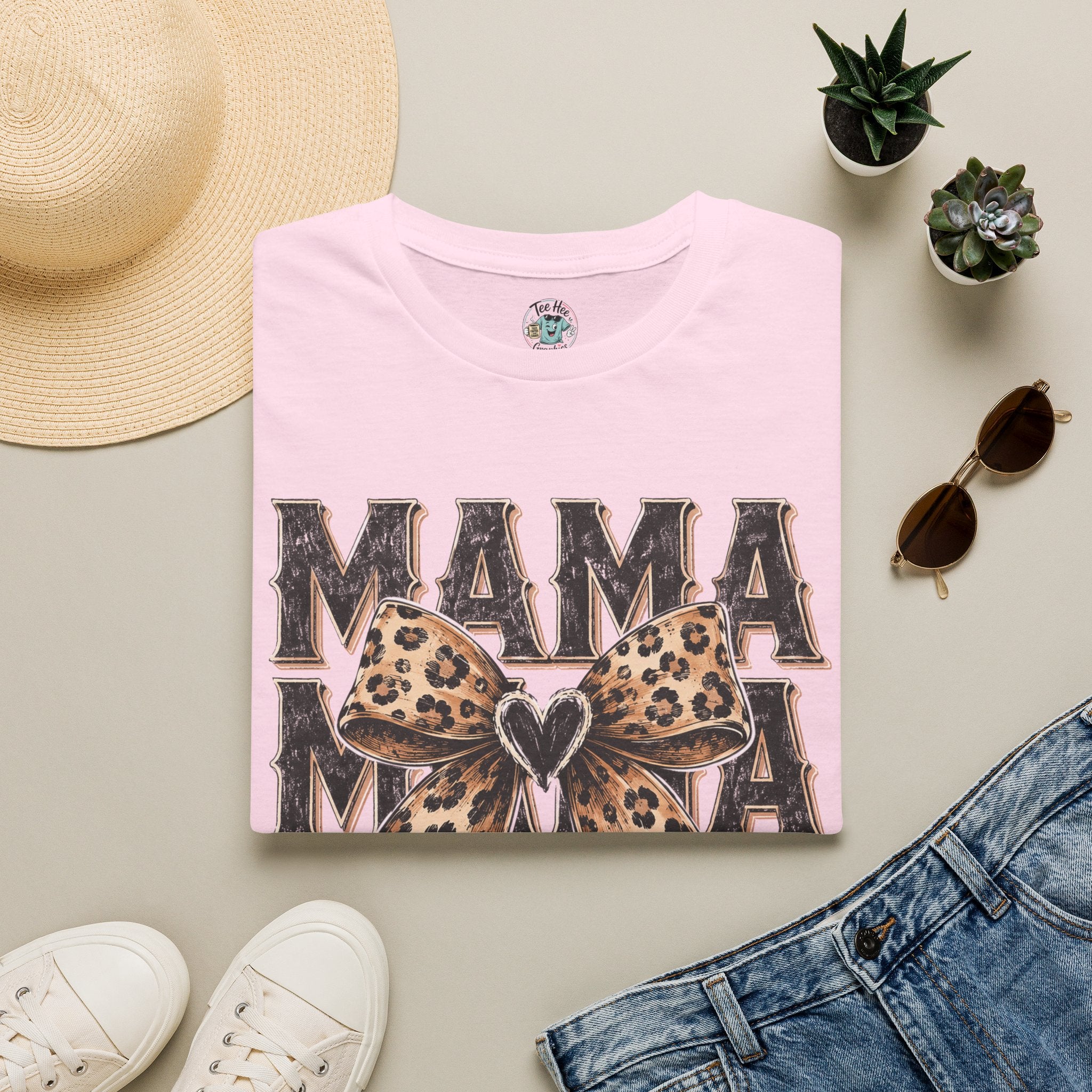 Mama Leopard Bow T‑Shirt — Mama Graphic Tee with Leopard Print Bow
