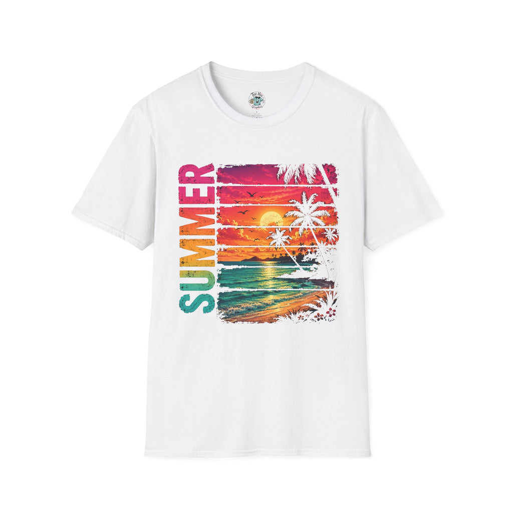 Sunset Palm Beach T-Shirt — Hot Pink & Teal Ocean Vibes