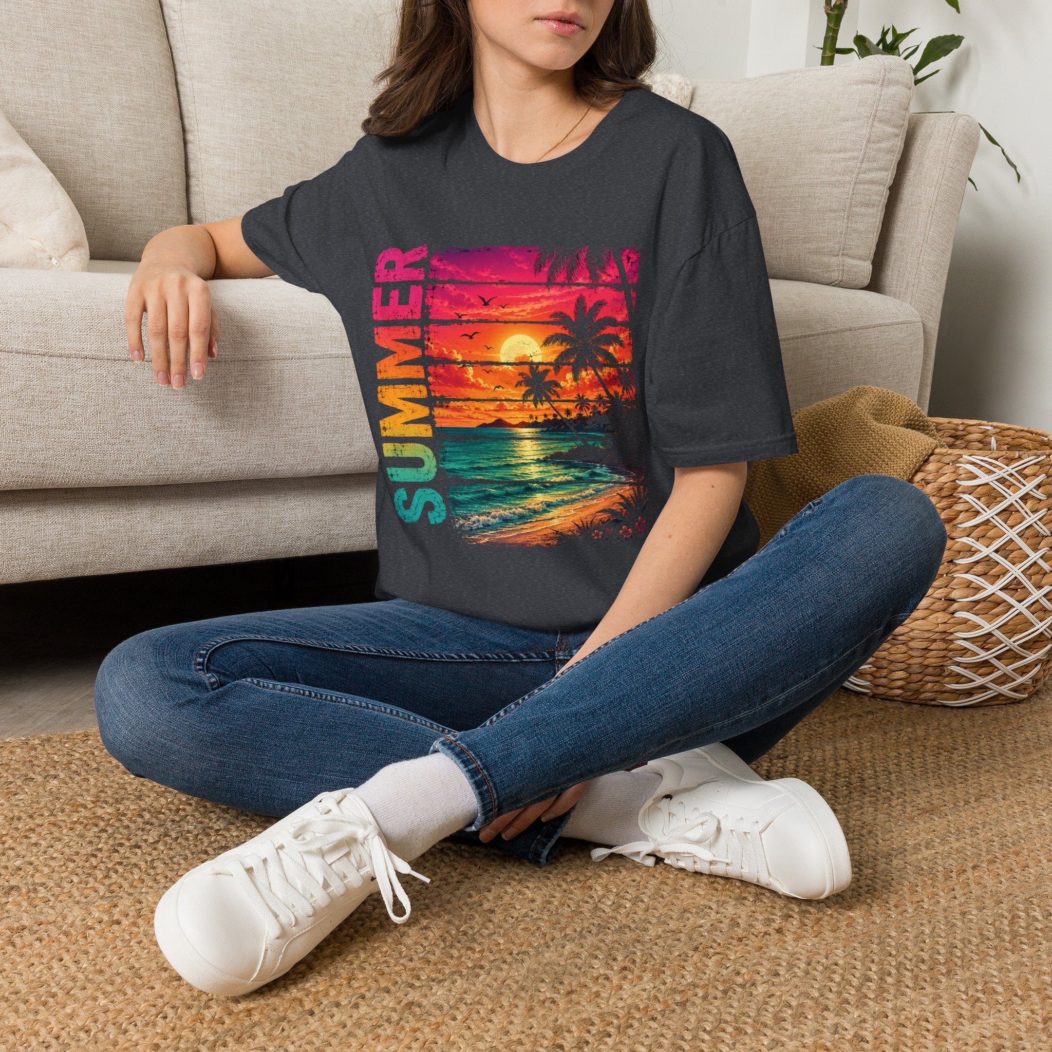 Sunset Palm Beach T-Shirt — Hot Pink & Teal Ocean Vibes