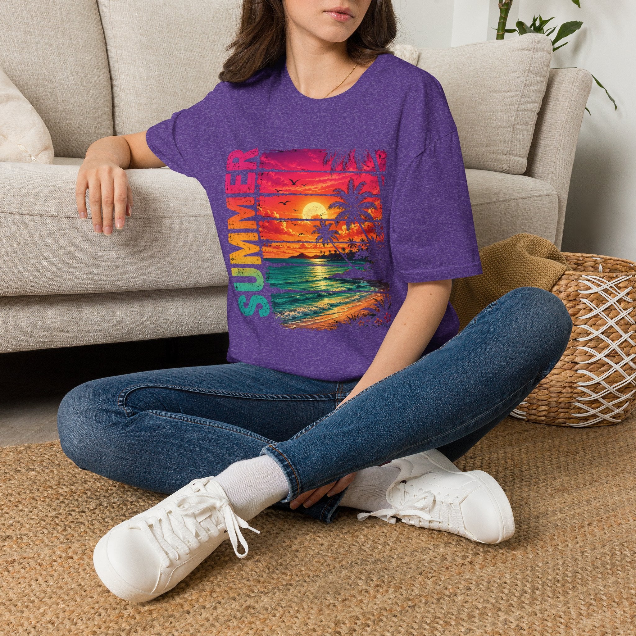 Sunset Palm Beach T-Shirt — Hot Pink & Teal Ocean Vibes