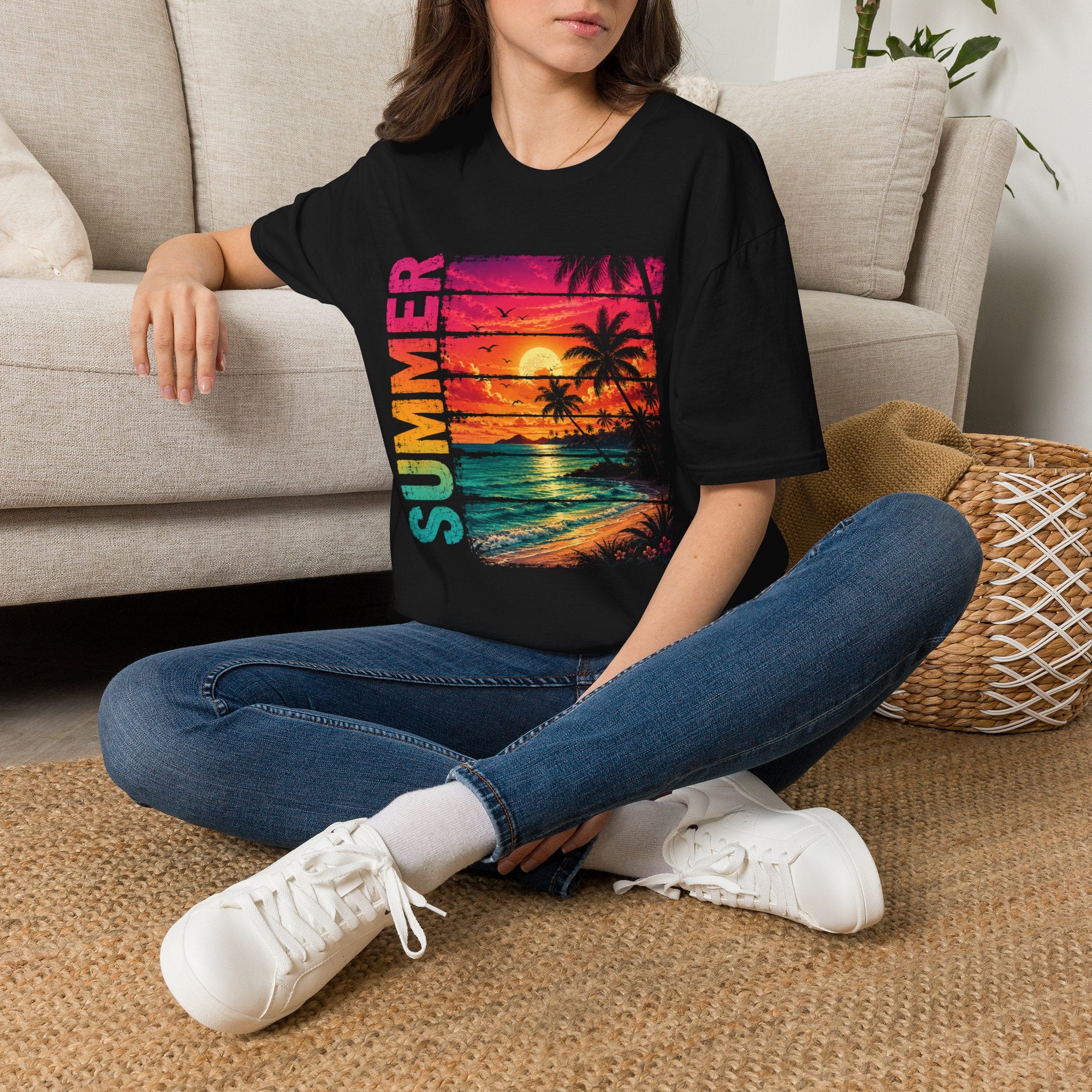 Sunset Palm Beach T-Shirt — Hot Pink & Teal Ocean Vibes