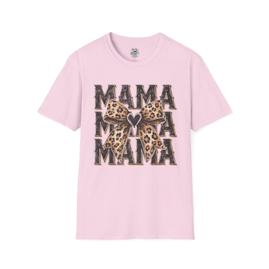 Mama Leopard Bow T‑Shirt — Mama Graphic Tee with Leopard Print Bow