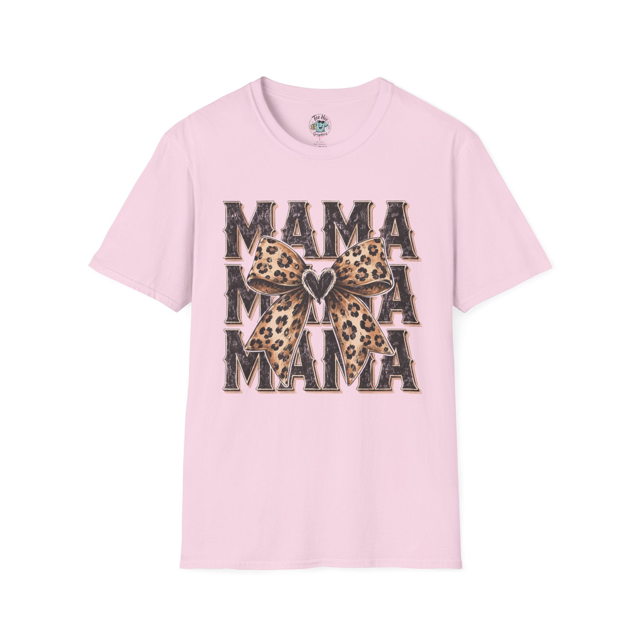 Mama Leopard Bow T‑Shirt — Mama Graphic Tee with Leopard Print Bow