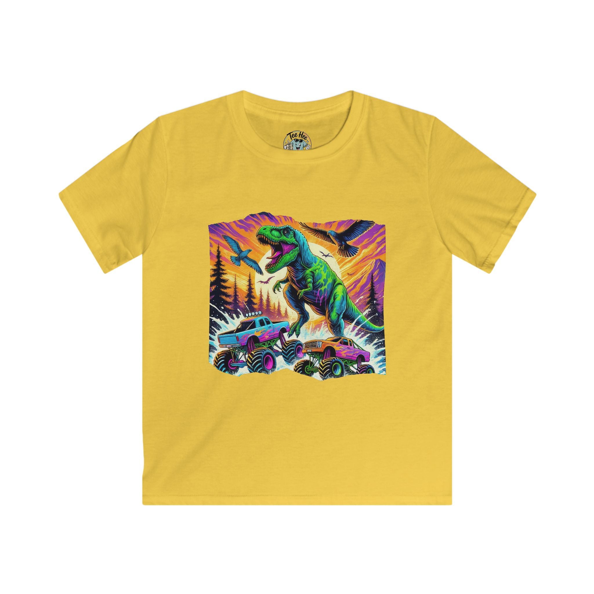 Kids T‑Shirt — Neon T‑Rex & Monster Truck Graphic