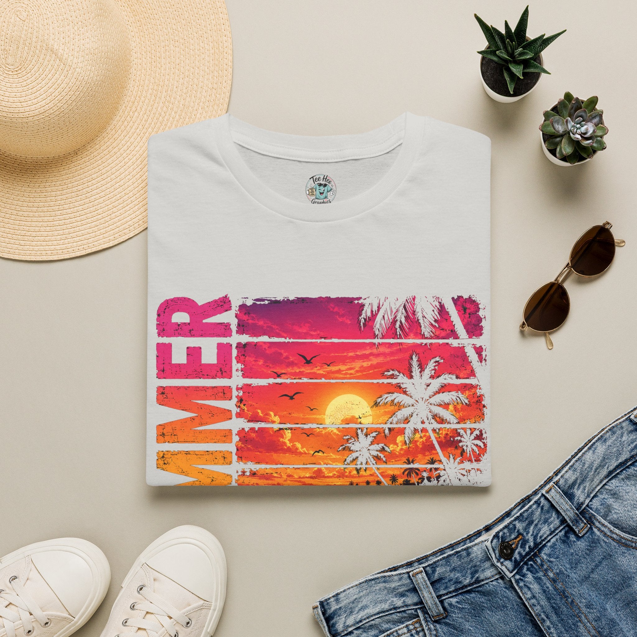 Sunset Palm Beach T-Shirt — Hot Pink & Teal Ocean Vibes