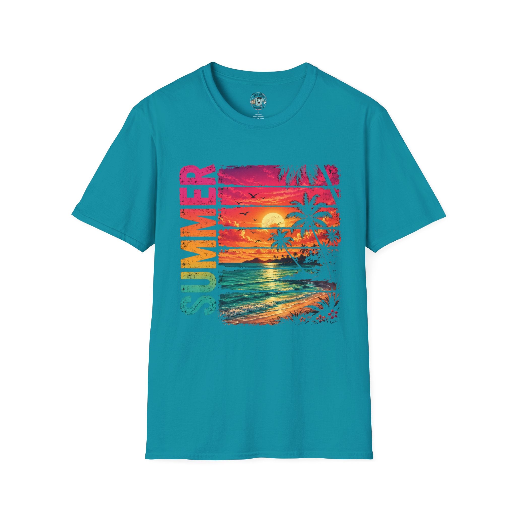 Sunset Palm Beach T-Shirt — Hot Pink & Teal Ocean Vibes