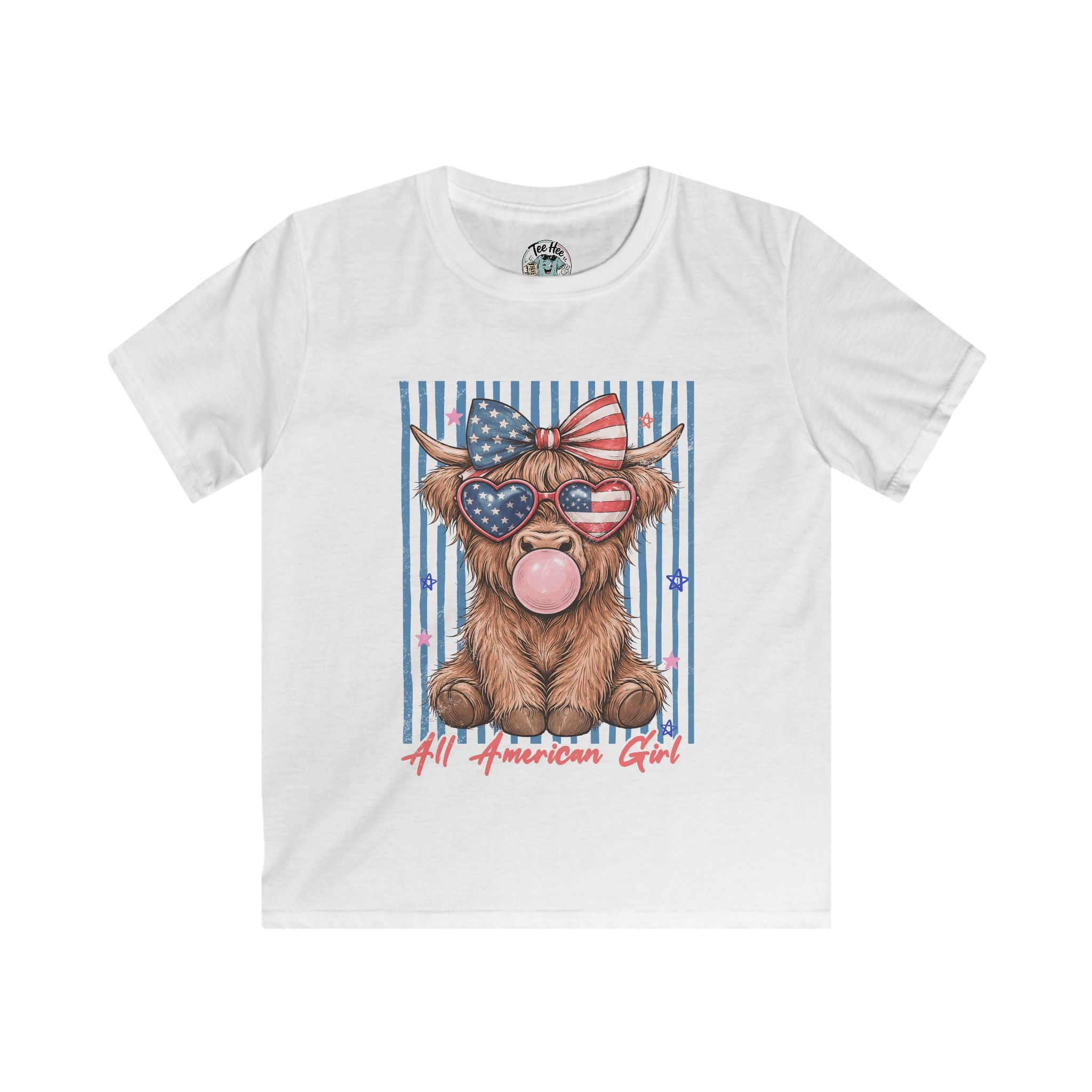 All American Girl Kids Graphic Tee — Patriotic Highland Cow