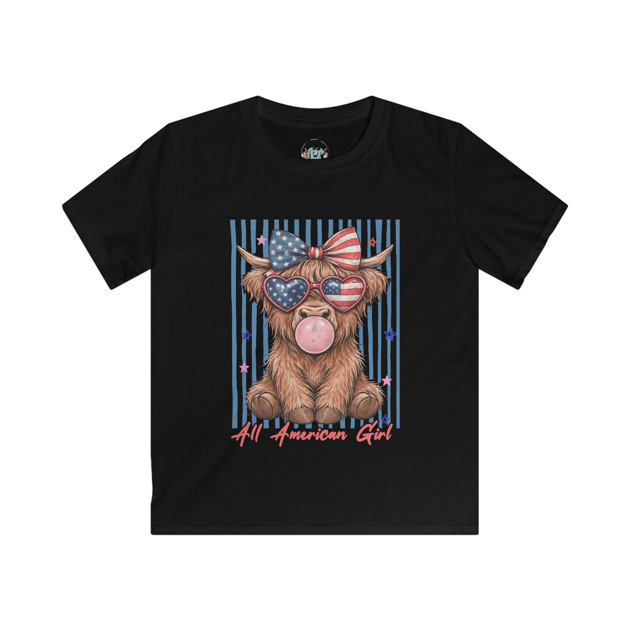 All American Girl Kids Graphic Tee — Patriotic Highland Cow
