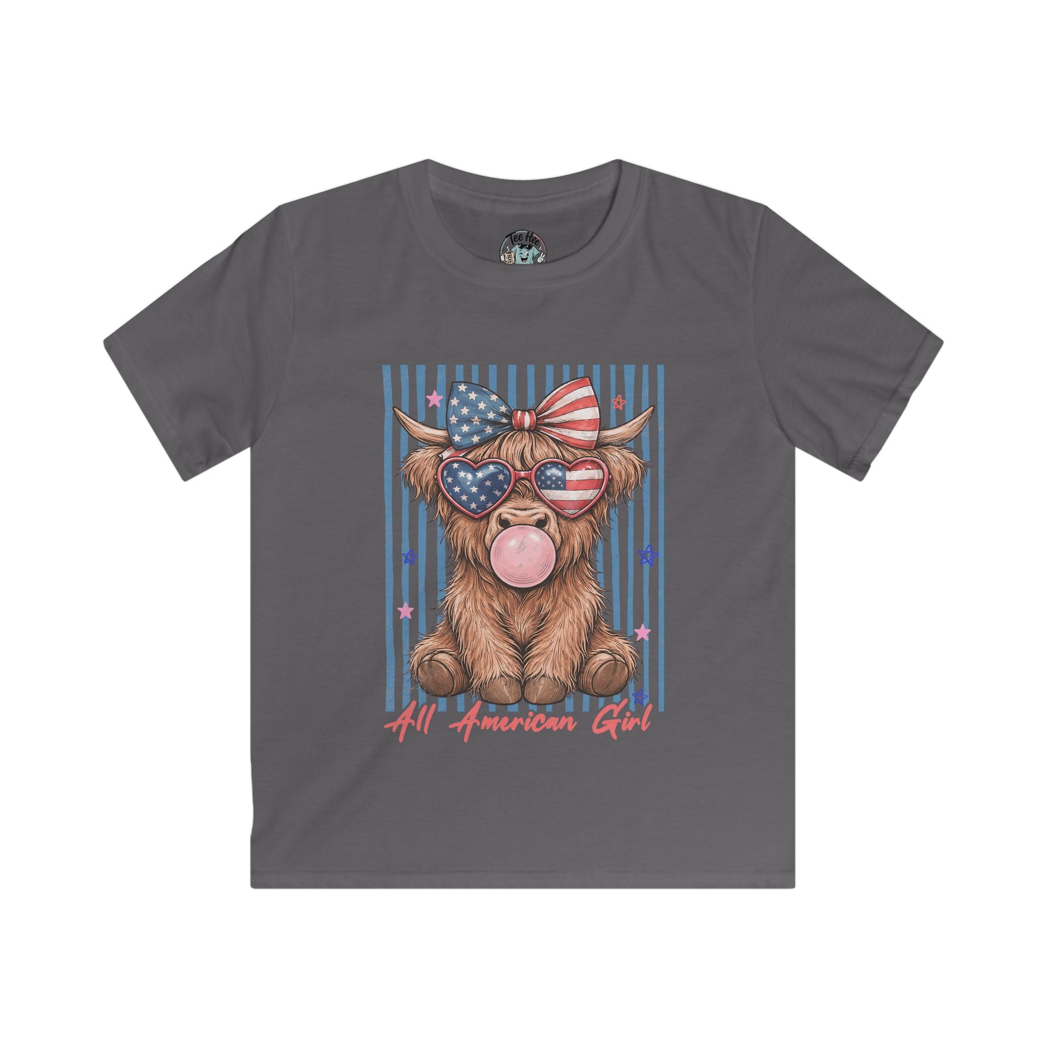 All American Girl Kids Graphic Tee — Patriotic Highland Cow