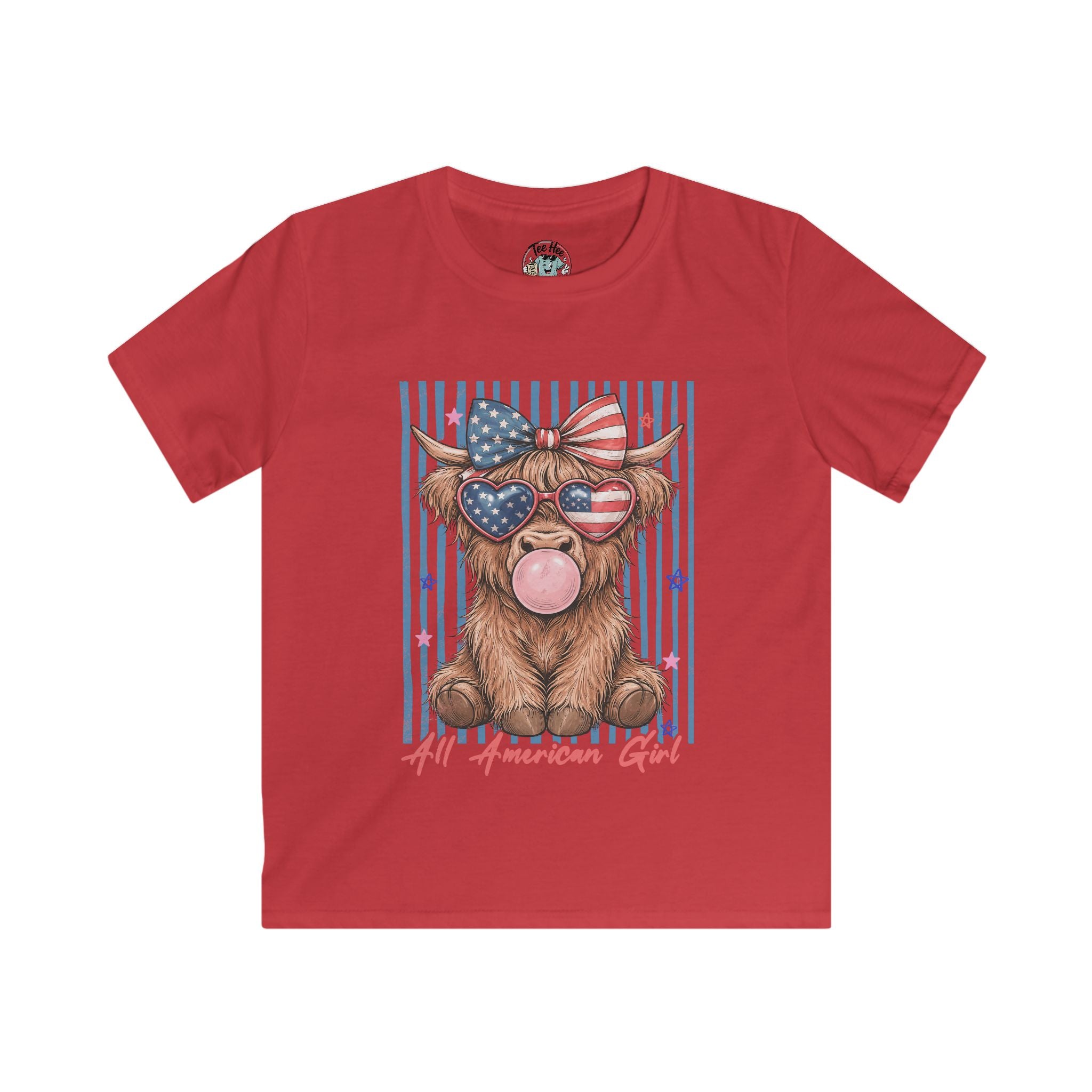 All American Girl Kids Graphic Tee — Patriotic Highland Cow